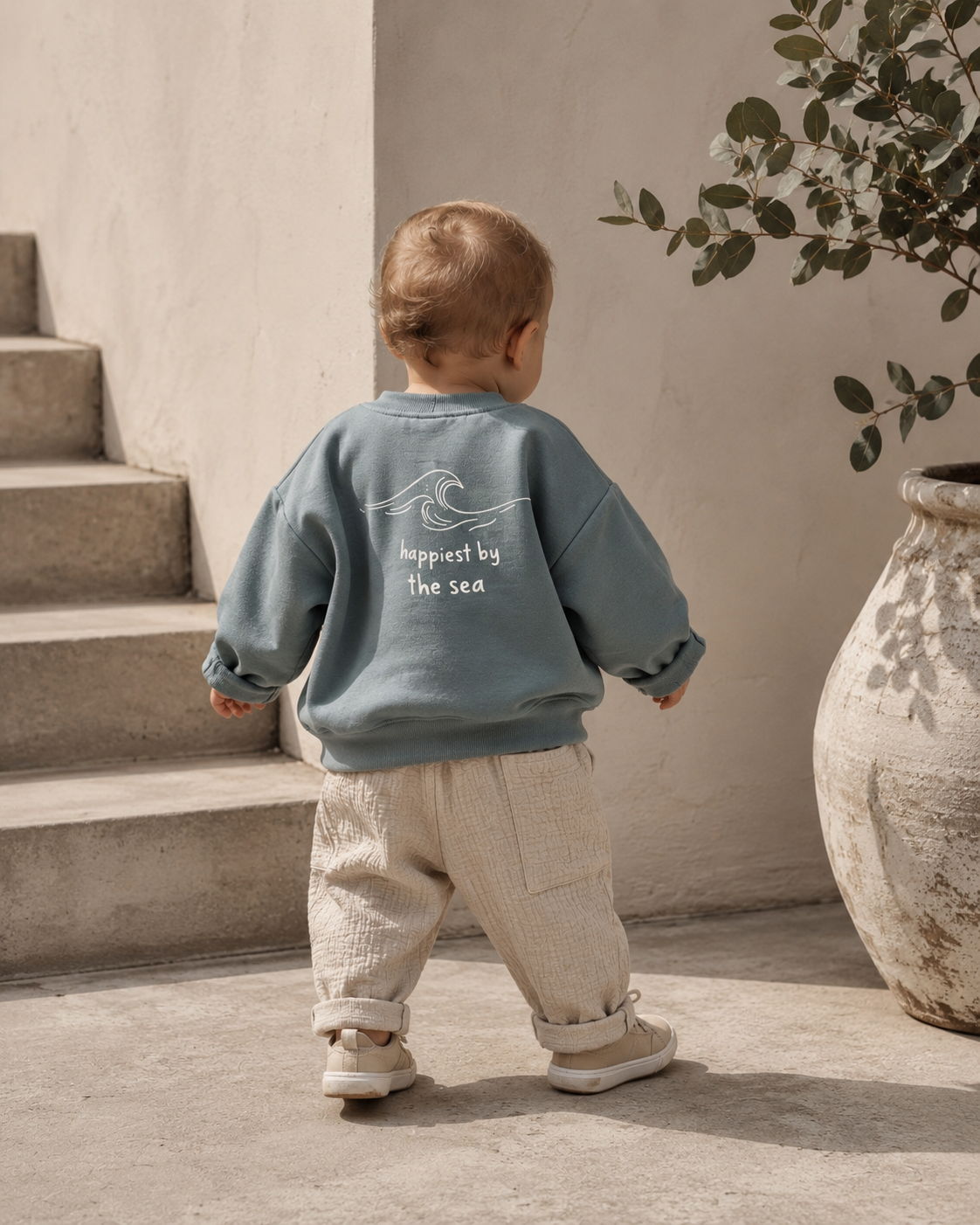 Oversize Pullover „Happiest by the Sea“ – Dusty Blue