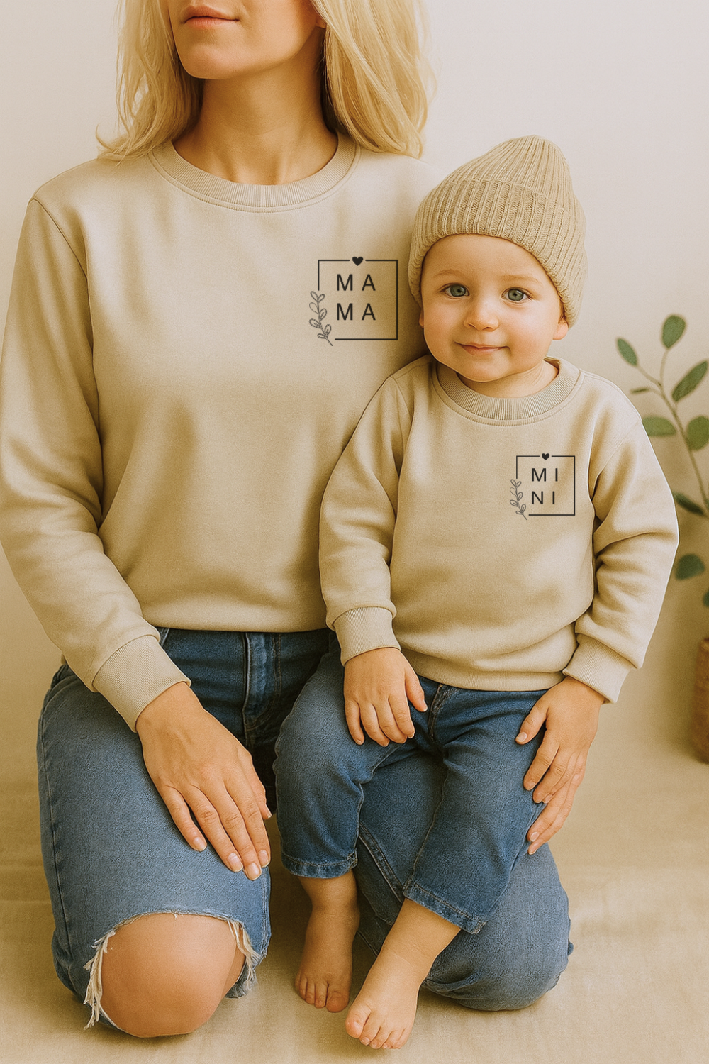 Mama und Mini Oversize Pullover mit dezentem Brustprint im Partnerlook von VOODULU