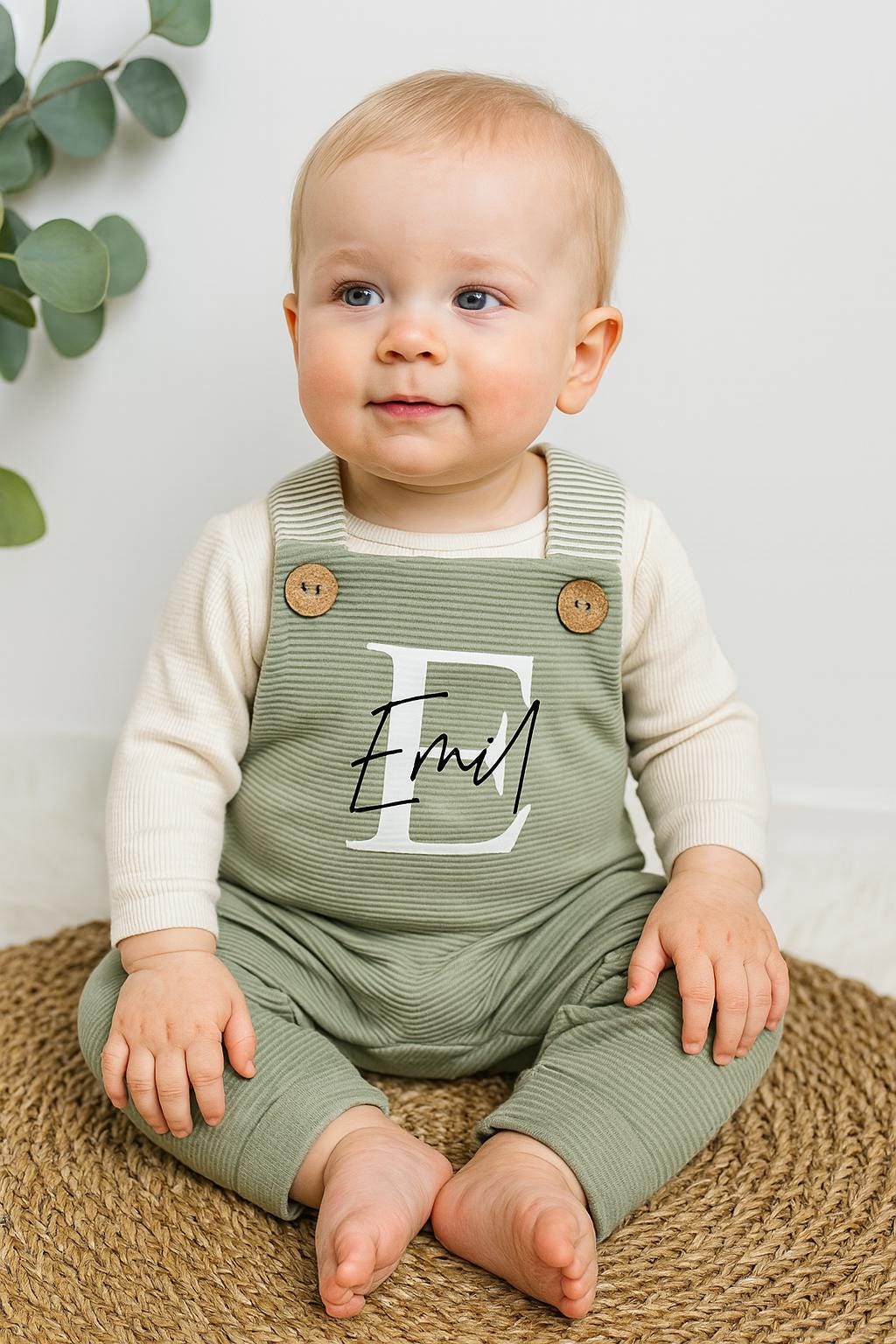 Baby trägt personalisierte Latzhose in Sage von VOODULU